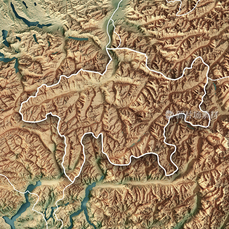 Graubünden瑞士坎顿3D渲染地形图边界