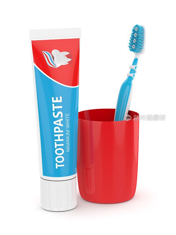 牙刷与牙膏和杯子的3d渲染
