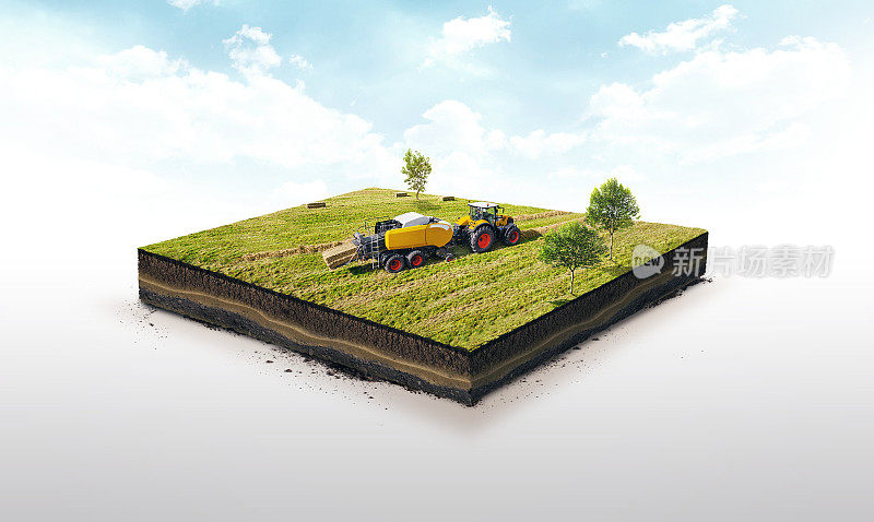 土壤切片的3d插图，联合收割机收集的稻草捆孤立在白色的背景