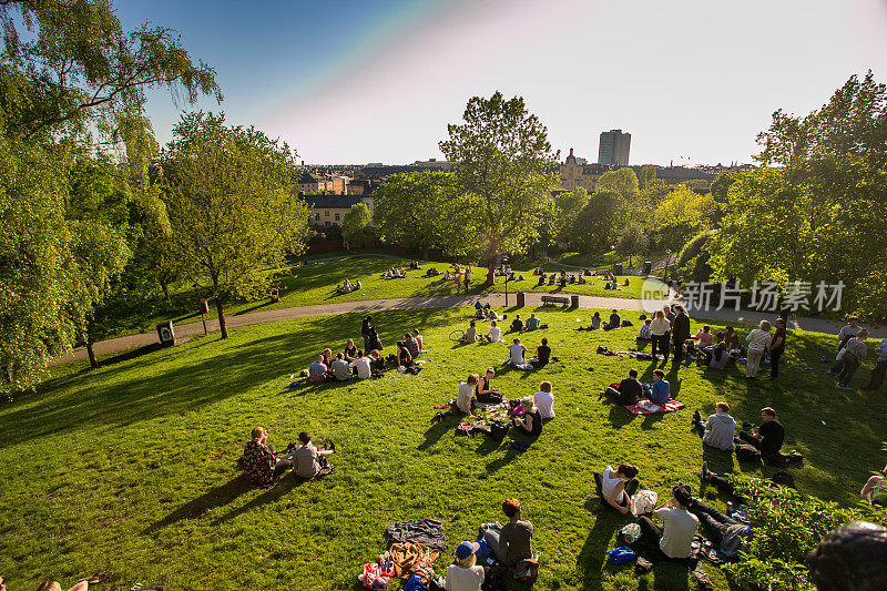 其余的人则在瑞典的斯德哥尔摩市中心、傍晚、草地公园、野餐