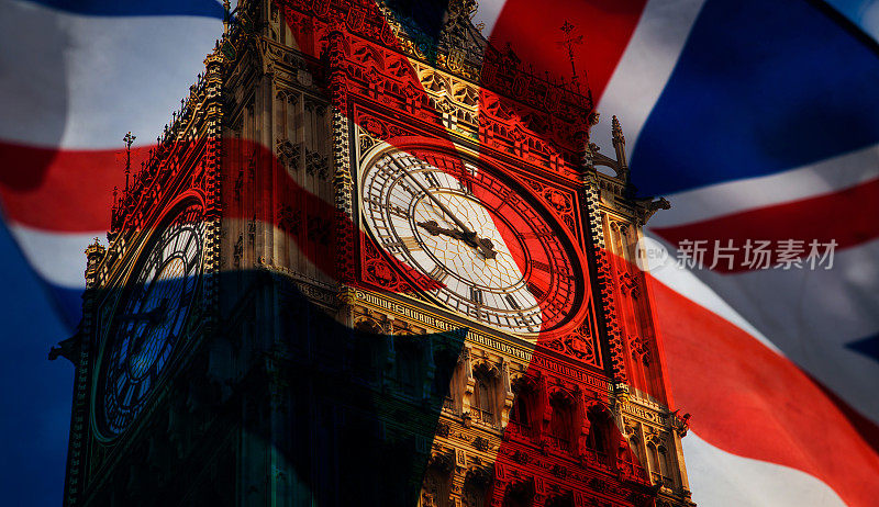 英国伦敦威斯敏斯特宫悬挂的英国国旗和标志性的大本钟——英国正在准备新的选举