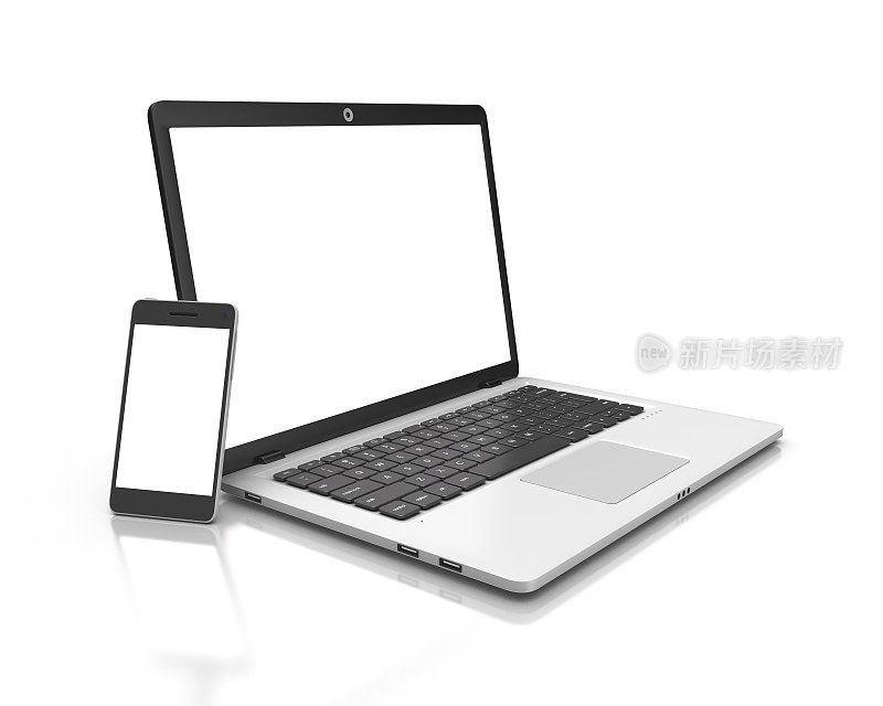 现代笔记本电脑和智能手机在白色隔离。