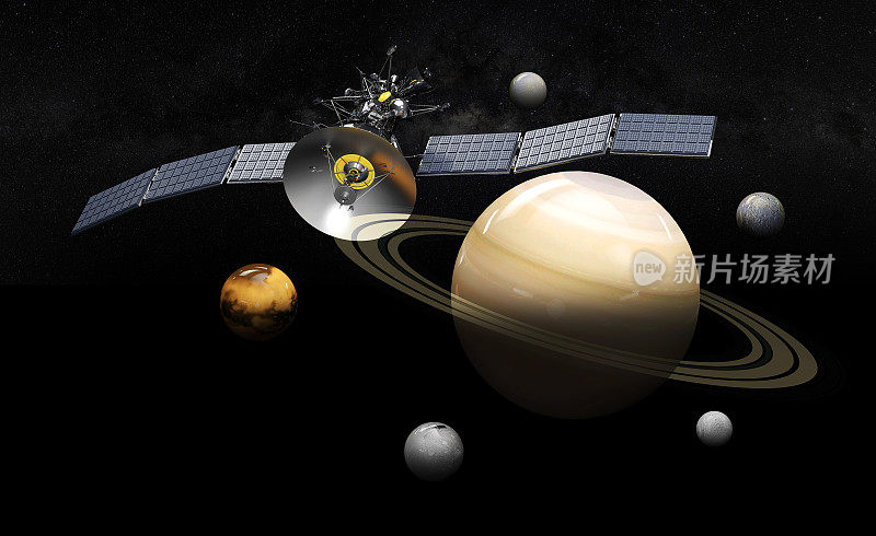 卫星轨道土星。3D插图，在黑色的背景
