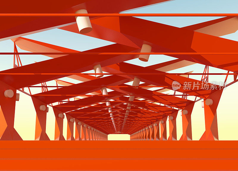 红色开放式建筑结构的三维渲染。现代建筑，如机库、车库或火车站。