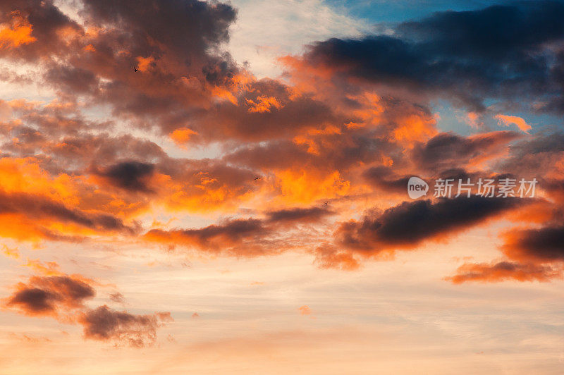 美丽的日落天空背景，戏剧性明亮的日落户外拍摄天气照片