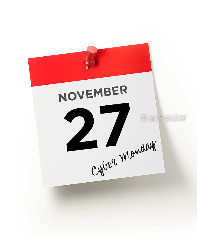 用红色图钉钉着的红色日历:11月27日的网络星期一概念