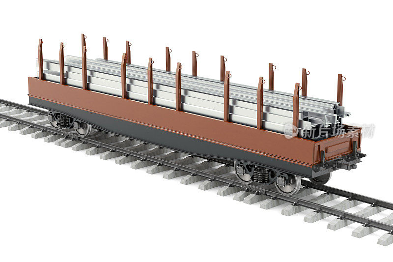 铁路车辆与堆砌的轧制金属产品，3D渲染孤立的白色背景