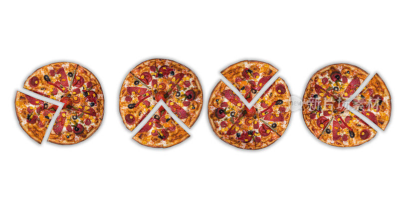 一组隔离在白色背景上的披萨片