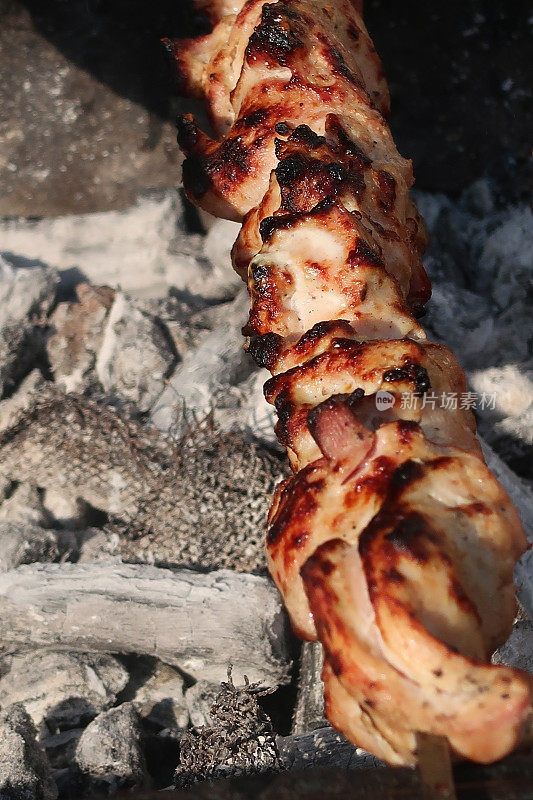 烤肉串的形象，烧烤，腌制的肉块在金属串上烤，躺在热的木炭灰烬上