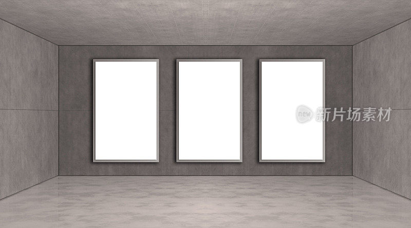 空的画廊与三个空白的矩形画布