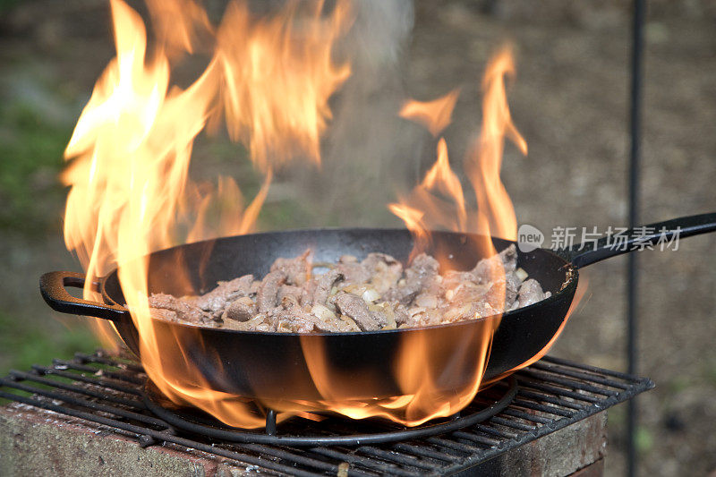 在户外自己动手做饭的烟囱上准备鹿肉