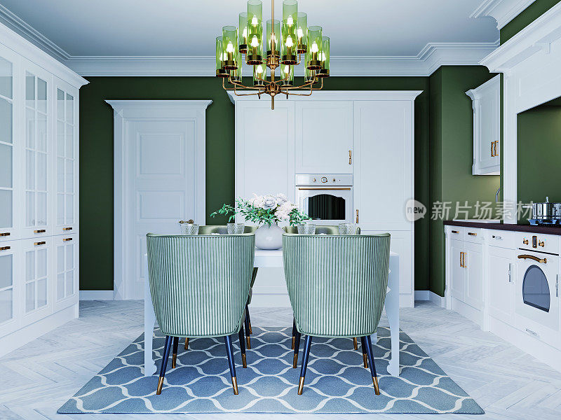 厨房用餐区配有白色餐桌和绿色椅子，现代新古典主义风格。