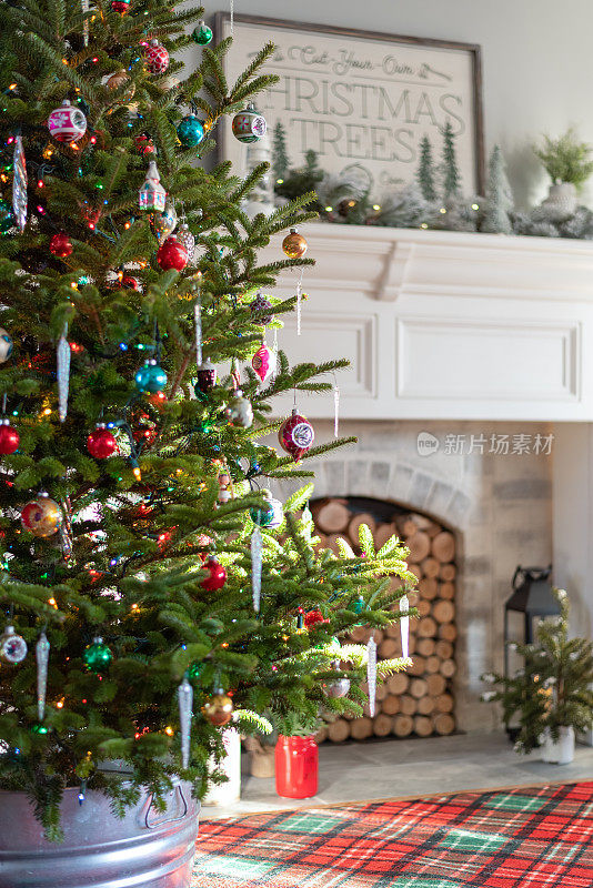 客厅里有一棵装饰复古的圣诞树