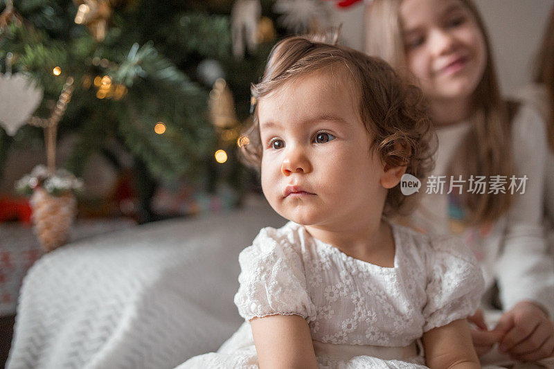 婴儿坐在圣诞树下的肖像