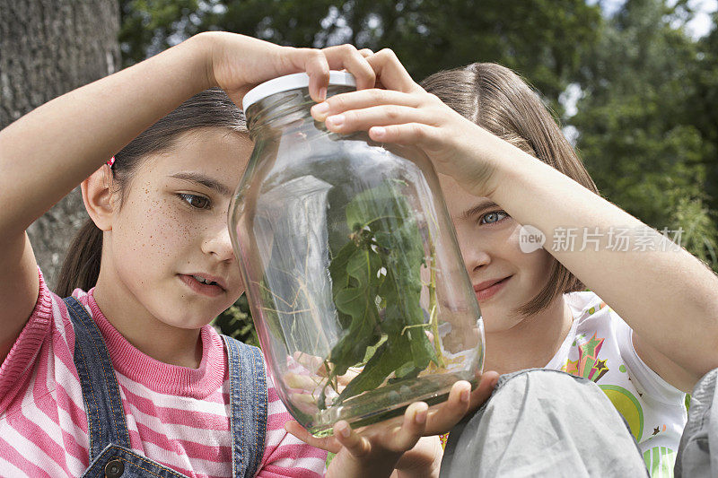 两个小女孩在看玻璃瓶里的虫子