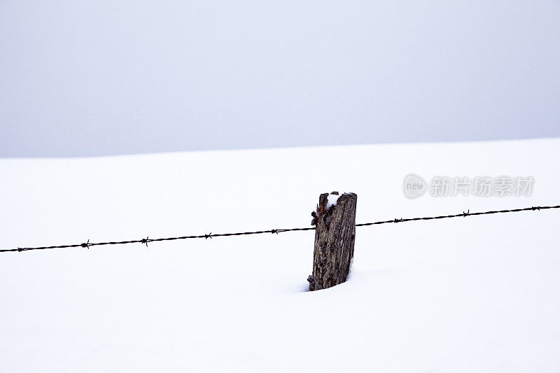 有刺的铁丝栅栏和雪景