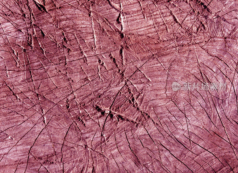 抽象的粉红色色调的老树表面用斧头划痕。