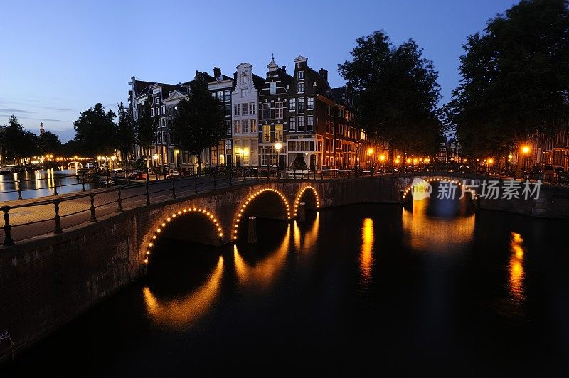 黄昏时分阿姆斯特丹两条运河的交汇处
