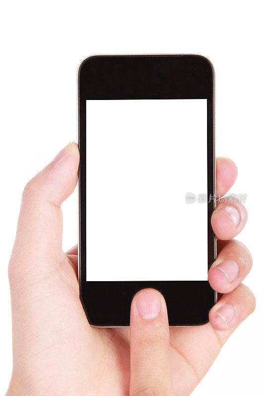 手持空白屏幕智能手机在白色背景