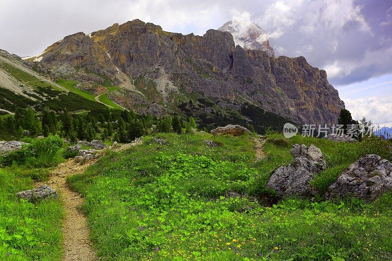 阿尔卑斯田园诗般的风景，Falzarego山径，意大利泰洛阿尔卑斯