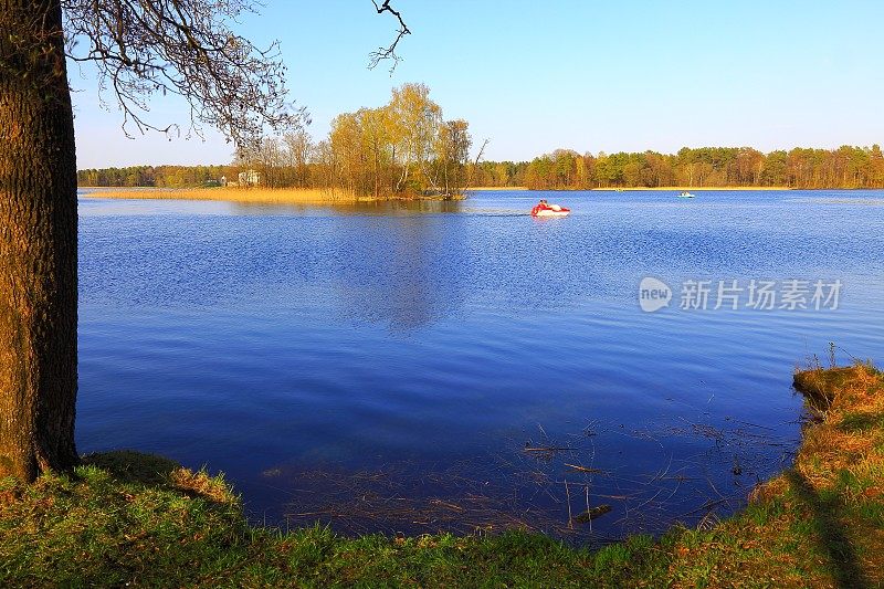 在秋天的立陶宛乡村和蓝色的湖上划船，特拉凯