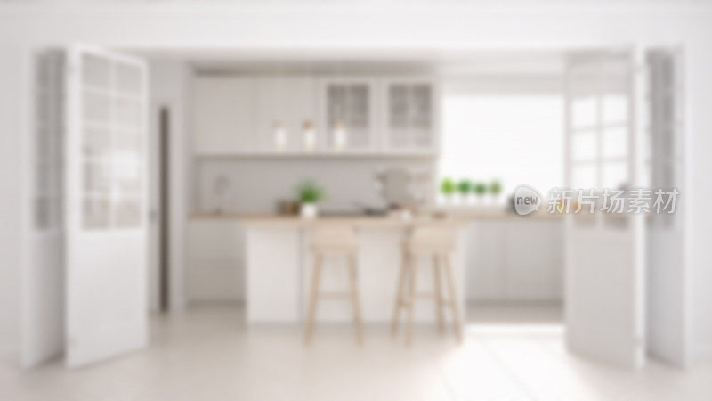 模糊的背景室内设计，斯堪的纳维亚极简主义经典厨房与木制和白色的细节