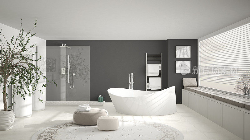 现代经典浴室，大圆形地毯，大全景窗户，简约的白色和灰色室内设计