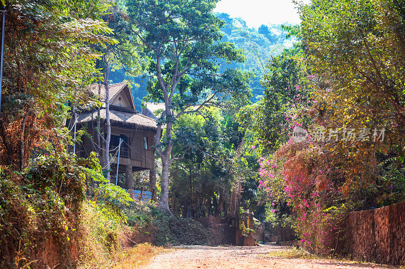 从柬埔寨的Kep国家公园到观景台的美丽的绿色道路。柬埔寨乡村，典型的乡村房屋建筑