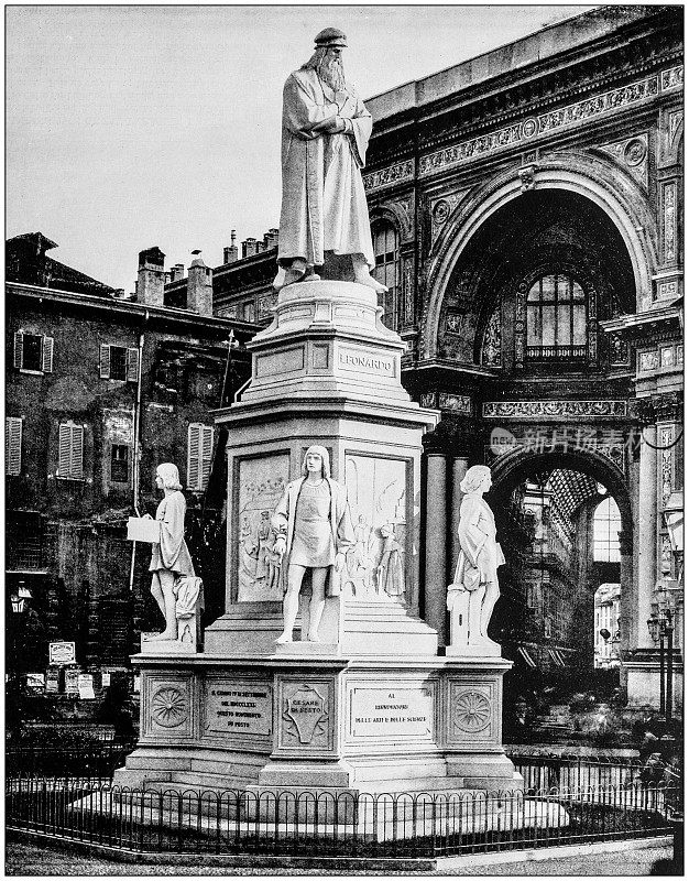世界著名景点的古董照片:达芬奇雕像，米兰，意大利