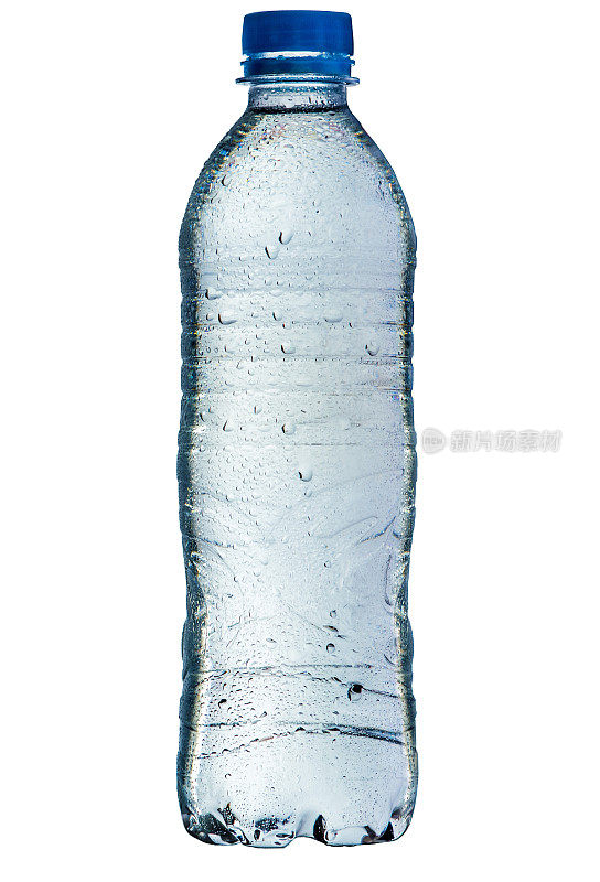 塑料蓝色水瓶湿与水滴，全，封闭，孤立在白色背景
