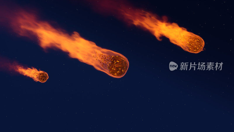 一个流星雨的3D插图-燃烧在地球的大气层与星空的背景