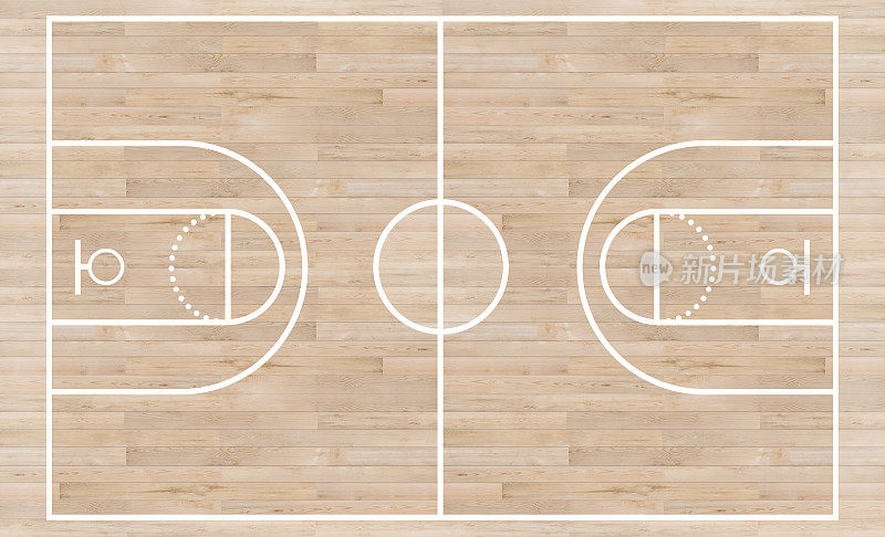 俯视图，篮球场，木质纹理背景上布置线条