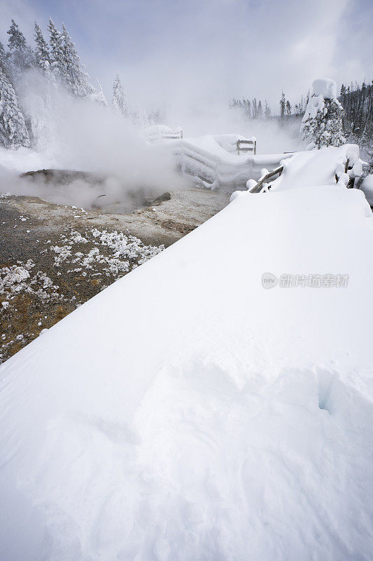 黄石公园诺里斯间歇泉盆地周围积雪的木板路