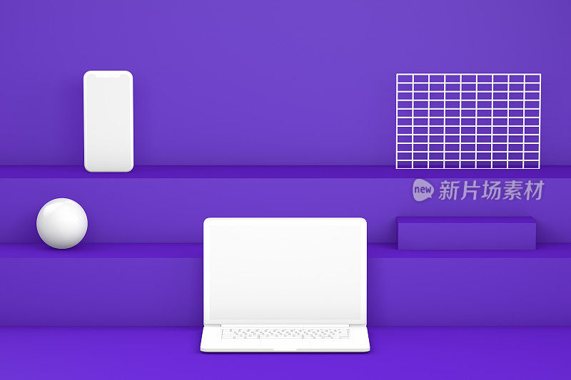 紫色楼梯上的白色笔记本电脑和智能手机，裙房，3D简约设计