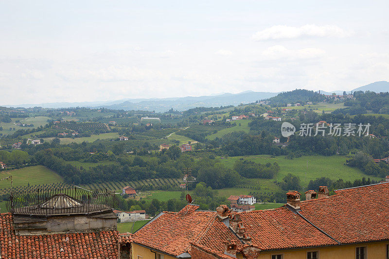 从蒙多维，皮埃蒙特，意大利的全景来看，绿色的山和屋顶