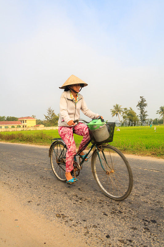 一个女人骑着自行车穿过稻田。