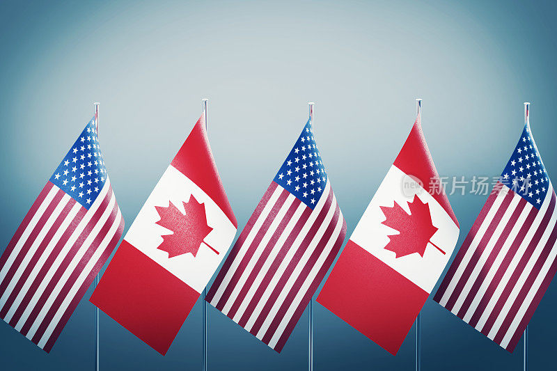 灰色背景上排成一排的美国和加拿大国旗