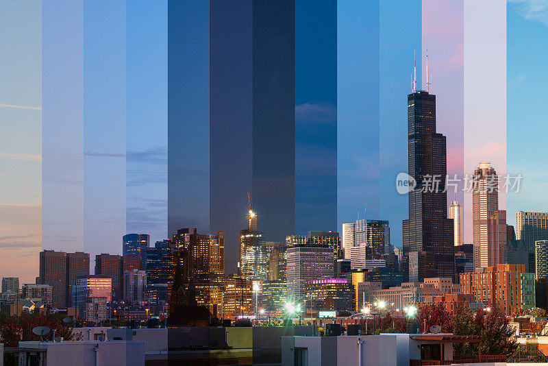 芝加哥天际线-日出到日落时间片