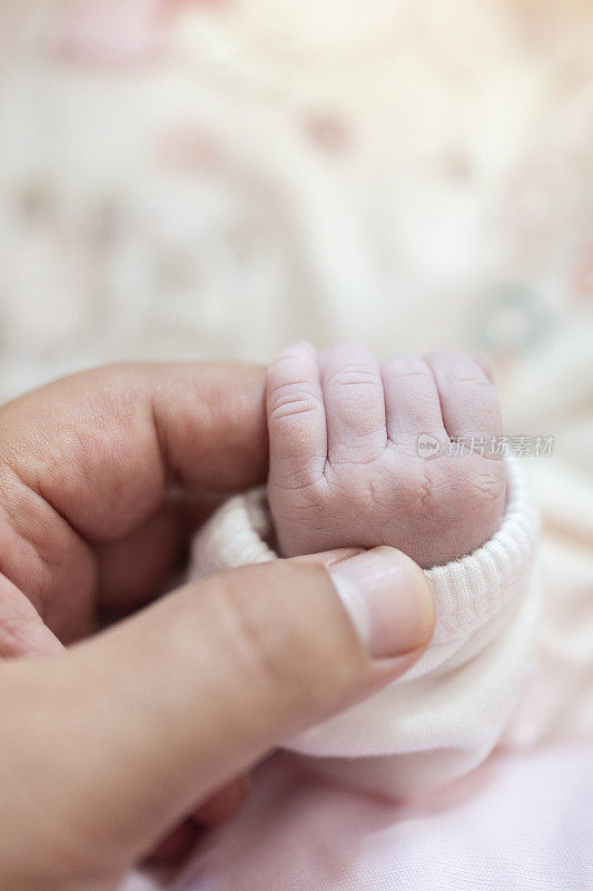 婴儿牵着母亲的手