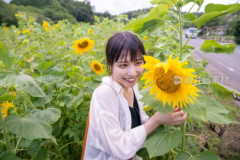 年轻女子在向日葵农场享受