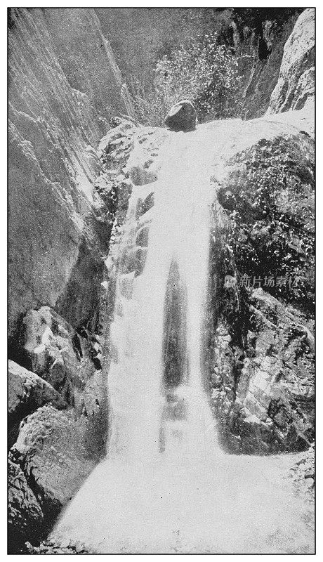 美国古董黑白照片:银围裙瀑布，大峡谷，科罗拉多州