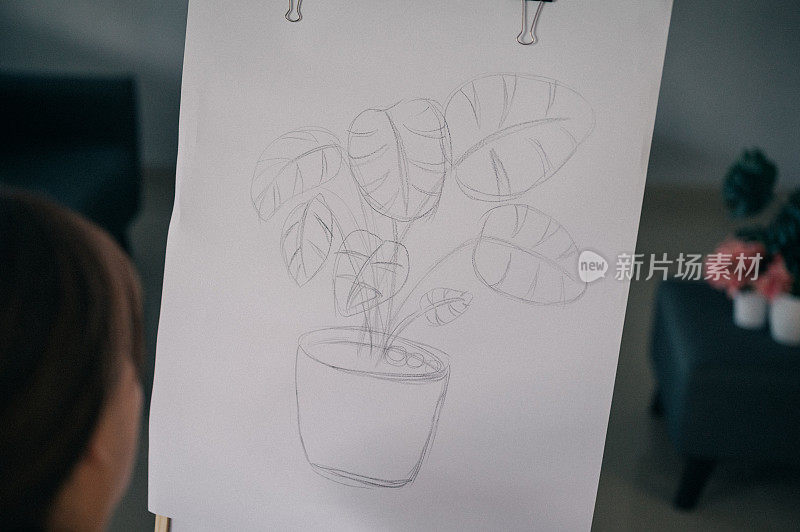 一个女人在画架上画一幅植物