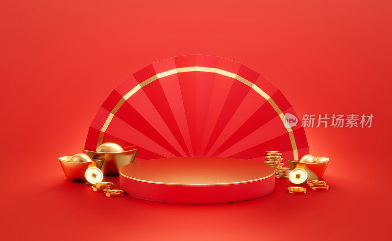 中国金节豪华平台红色产品展示舞台东方中国传统或庆典模板场景平台和空台座展示在3d横幅背景与背景。