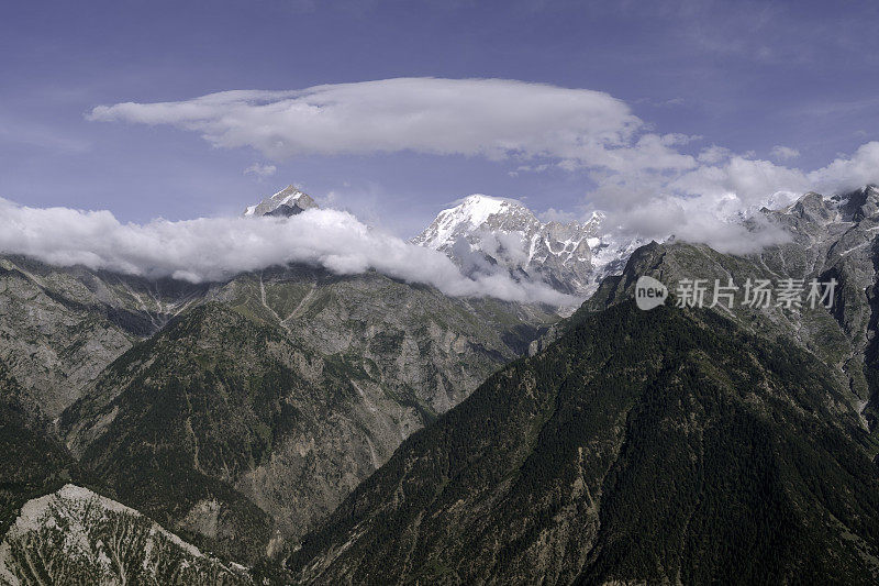 喜马拉雅山脉的高架景观，陡峭的山坡和一些林地。劫,印度。