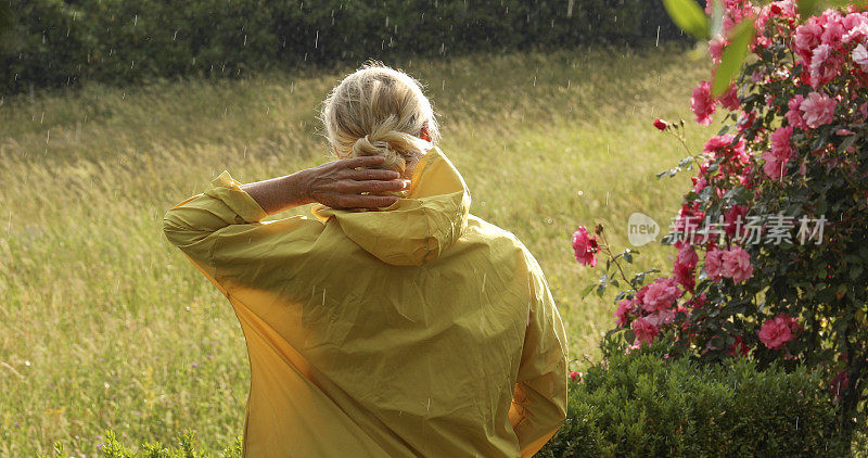 女人拥抱着细雨，在郁郁葱葱的草地上