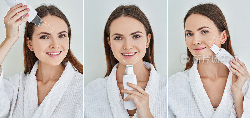 用超声波洗涤器对美女面部进行超声波脱皮。面部清洁，复合图像与概念和箭头