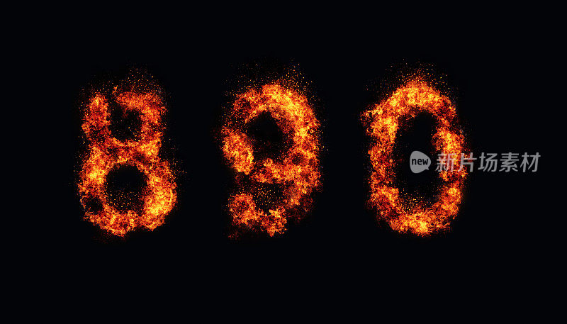数字8、9、0(0)用火焰和火焰的炽热字符呈现