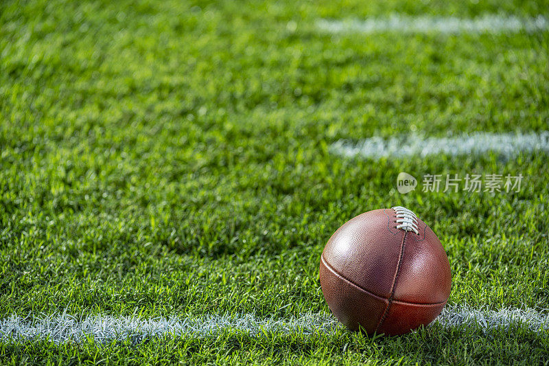 一个美国橄榄球的特写，它坐在白色的院子线上，上面有叉痕