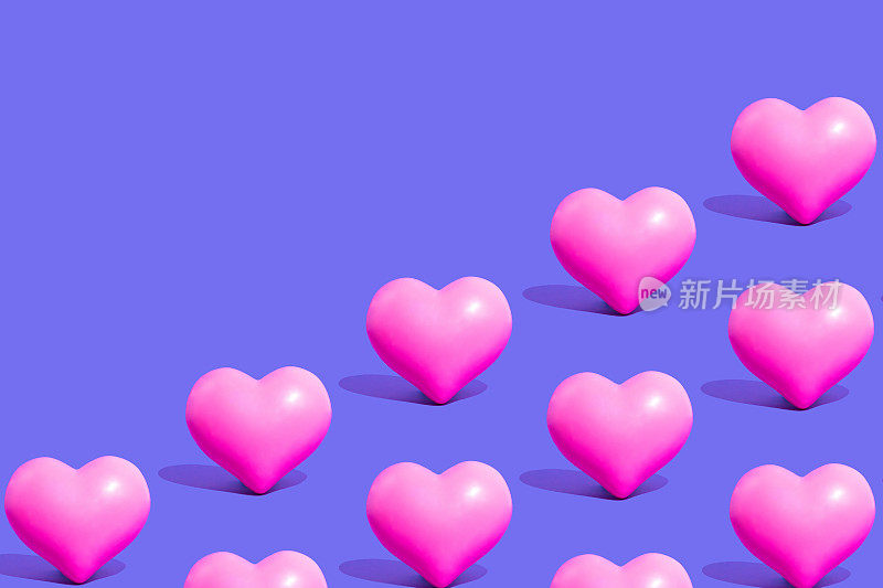 最小限度的爱，情人节的想法。紫色背景上生动的粉红色心形无缝图案。