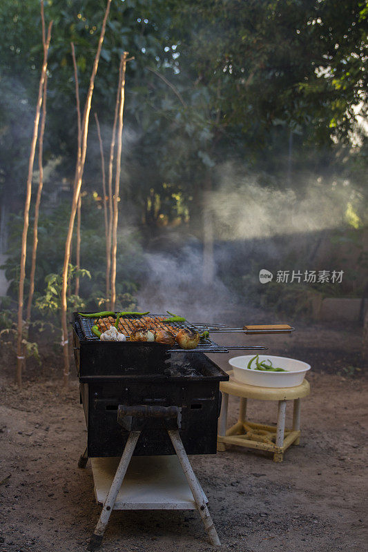 花园里烟熏烤肉架上的肉